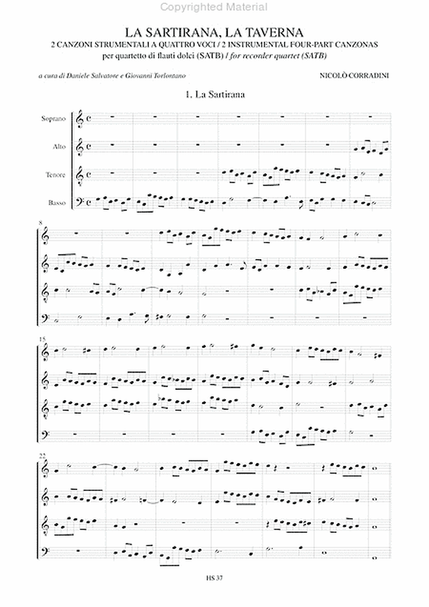 La Sartirana, La Taverna. 2 Instrumental four-part Canzonas (Venezia 1624) for Recorder Quartet (SATB)