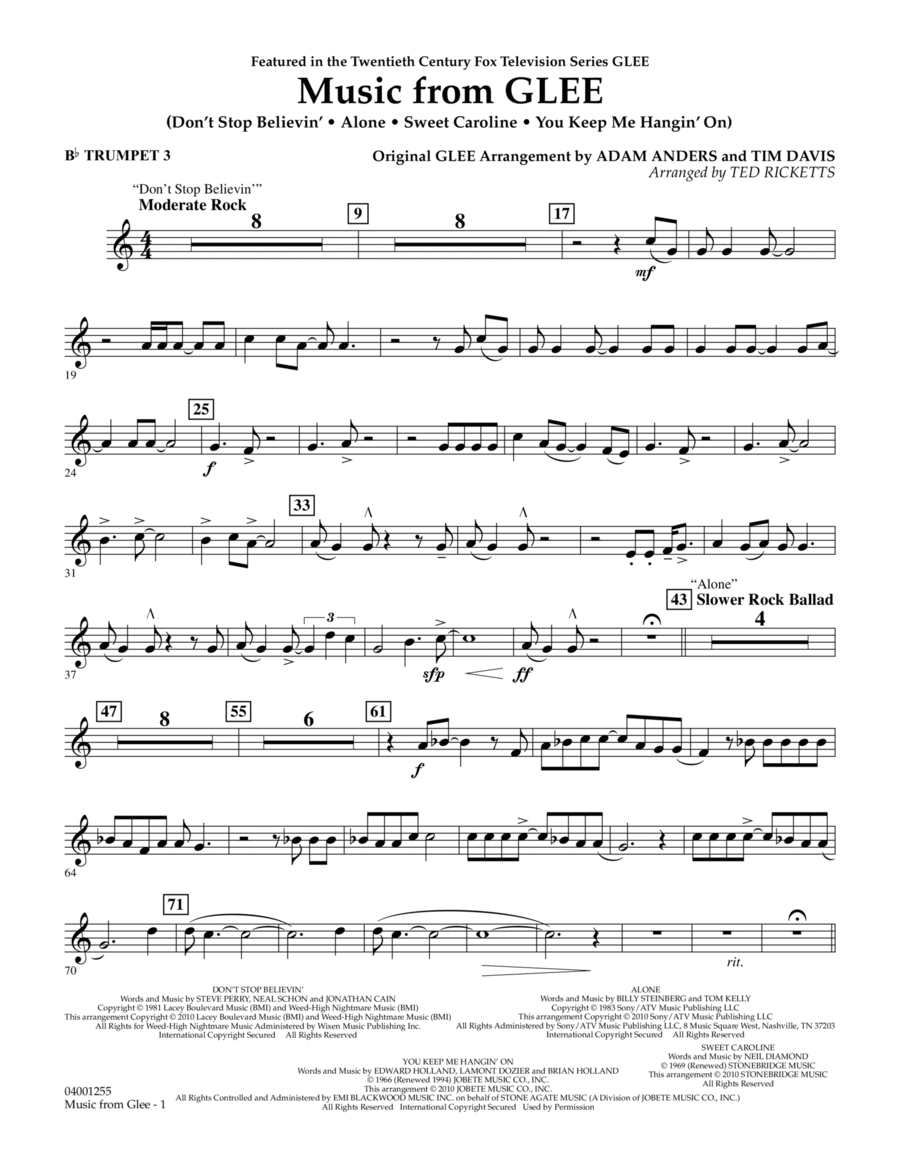 Music from Glee - Bb Trumpet 3 Concert Band scores gallery preview page 1