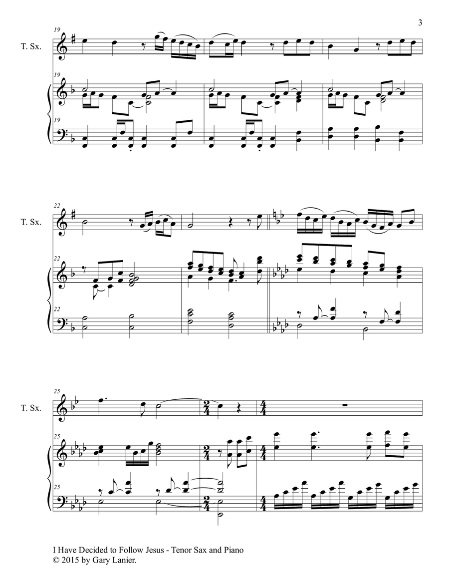 Gary Lanier: I HAVE DECIDED TO FOLLOW JESUS (Duet – Tenor Sax & Piano with Parts) Woodwind Duet scores gallery preview page 4