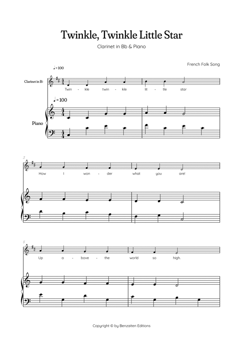 Twinkle, Twinkle Little Star • Easy clarinet sheet music with easy piano accompaniment image number null