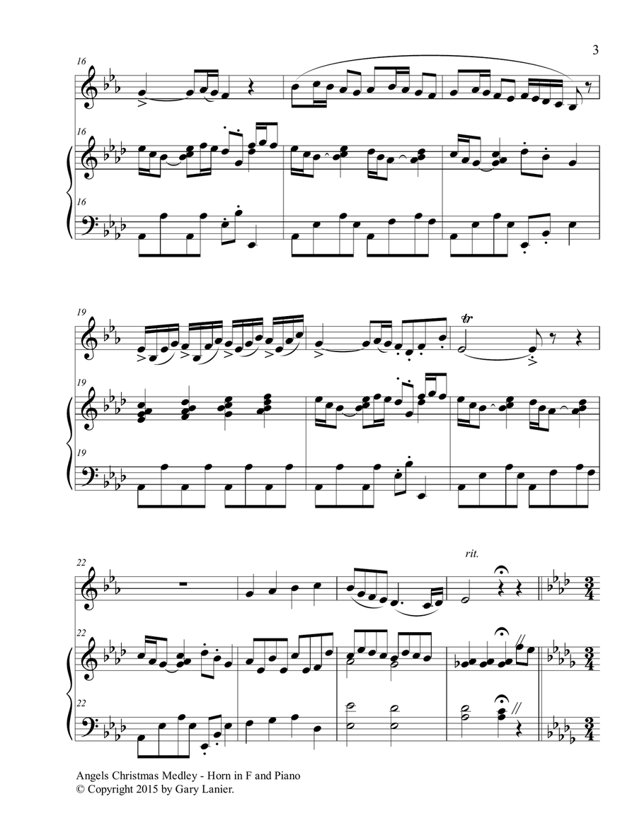 Gary Lanier: ANGELS CHRISTMAS MEDLEY (Duet – Horn in F & Piano with Parts) Brass Duet scores gallery preview page 4