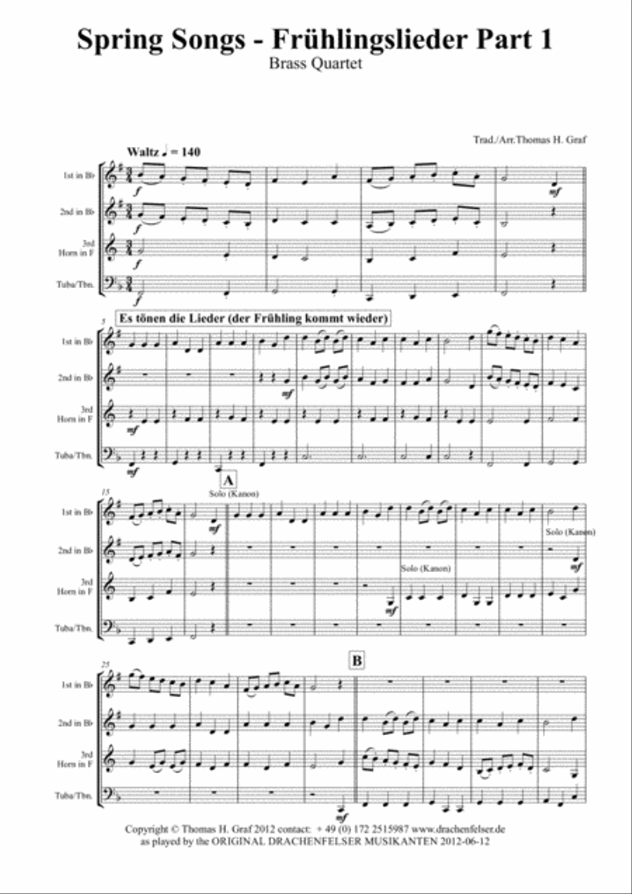 Spring Songs - Frühlingslieder - Part 1 - German Folk Songs - Brass Quartet Brass Quartet scores gallery preview page 1