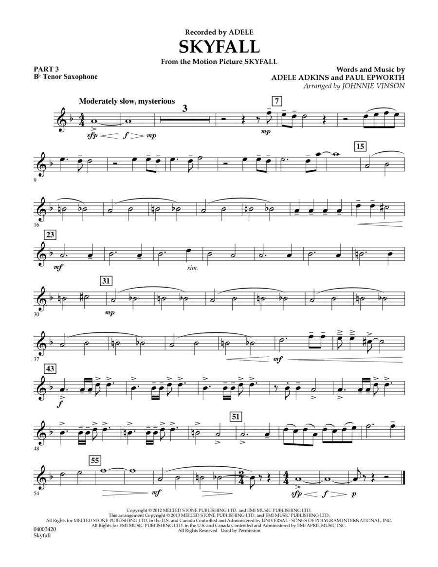 Skyfall - Pt.3 - Bb Tenor Saxophone Concert Band scores gallery preview page 1