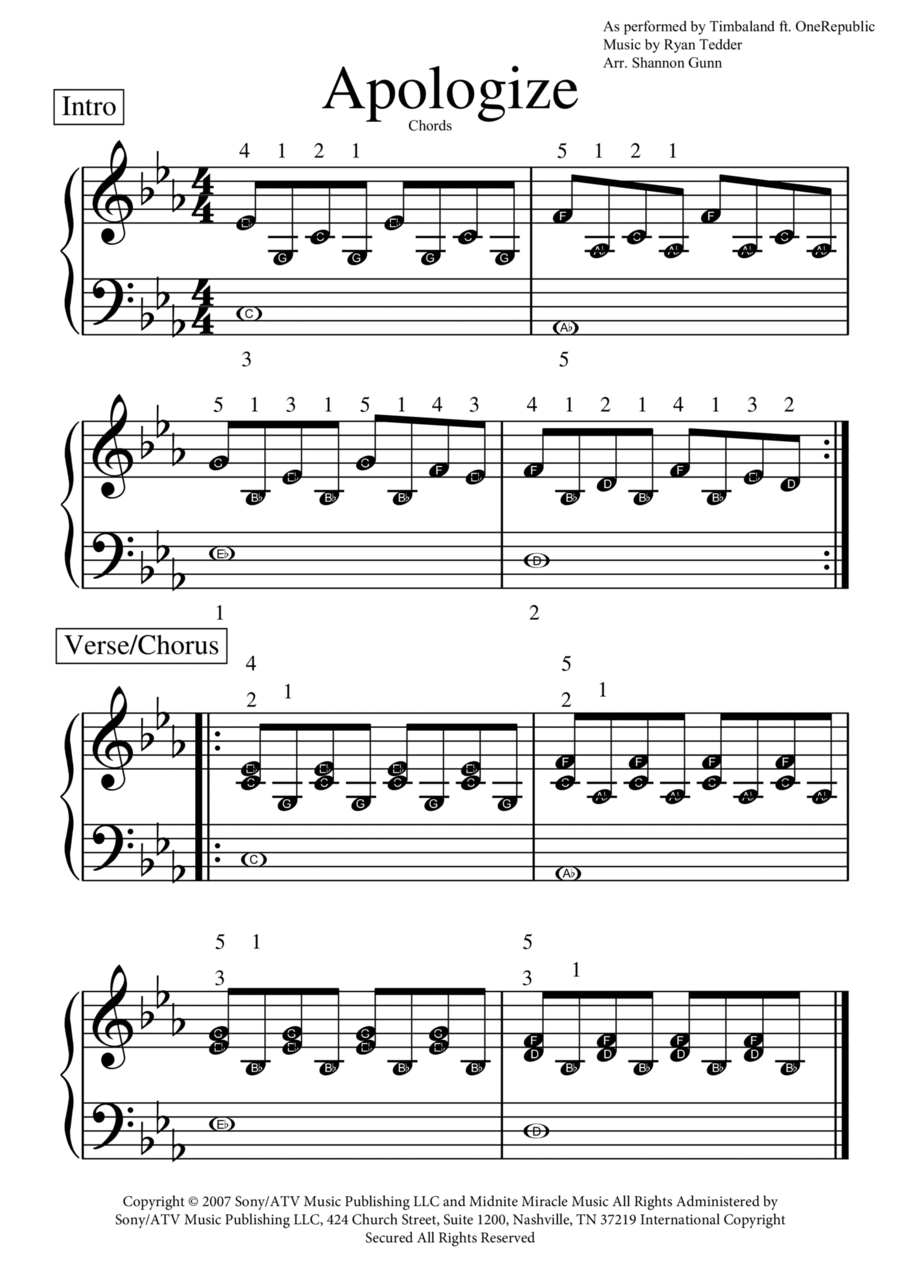 Apologize Easy Piano scores gallery preview page 1