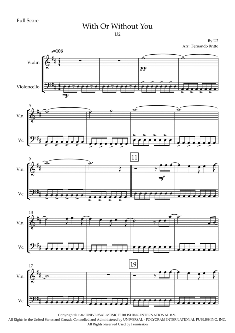 With Or Without You String Duet scores gallery preview page 1