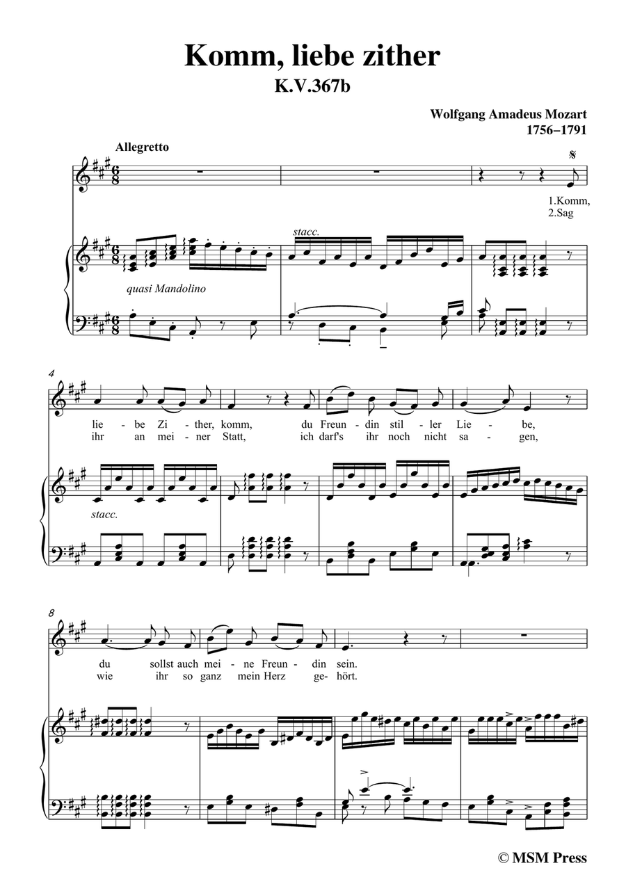 Mozart-Komm,liebe zither,in A Major,for Voice and Piano Piano, Vocal scores gallery preview page 3
