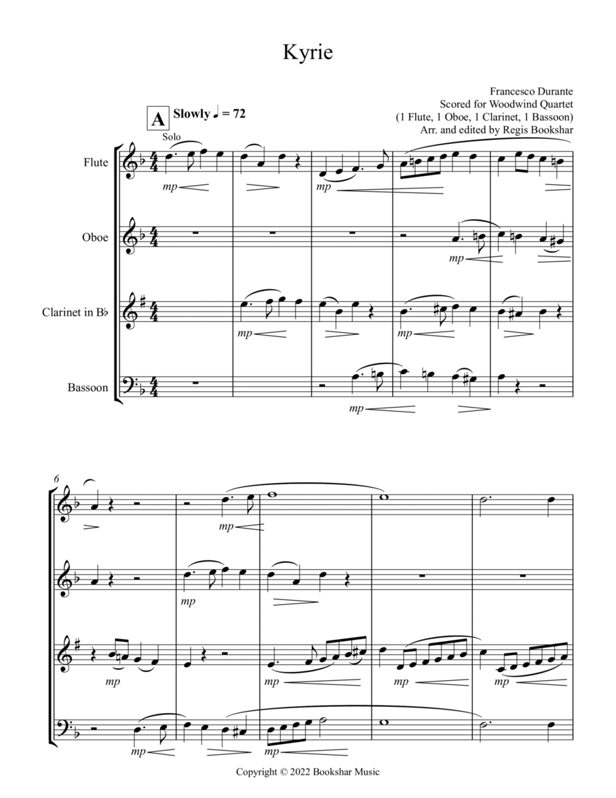 Kyrie (Durante) (Woodwind Quartet - 1 Flute, 1 Oboe, 1 Clar, 1 Bassoon) Woodwind Quartet scores gallery preview page 1