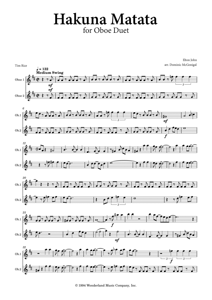 Hakuna Matata Woodwind Duet scores gallery preview page 1