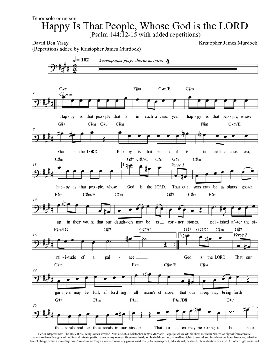 Happy Is That People (based on Psalm 144:12-15)--Tenor solo or unison with piano chords Unison Choir scores gallery preview page 1