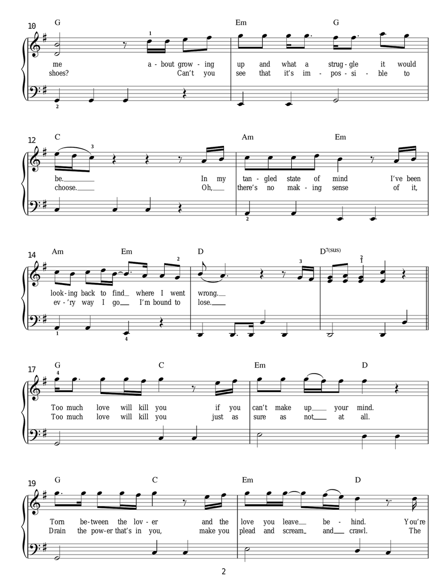Too Much Love Will Kill You Easy Piano scores gallery preview page 2