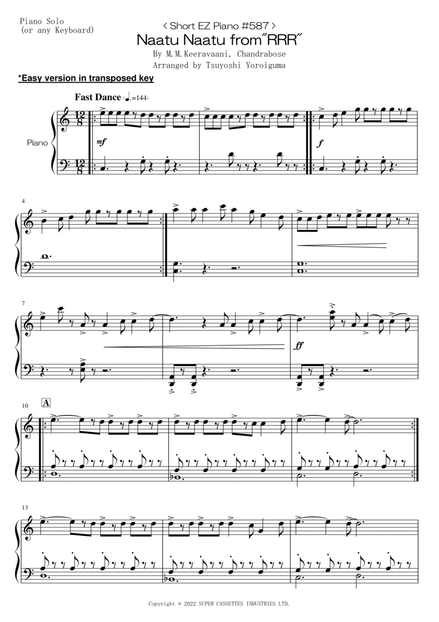 Naatu Naatu Easy Piano scores gallery preview page 1