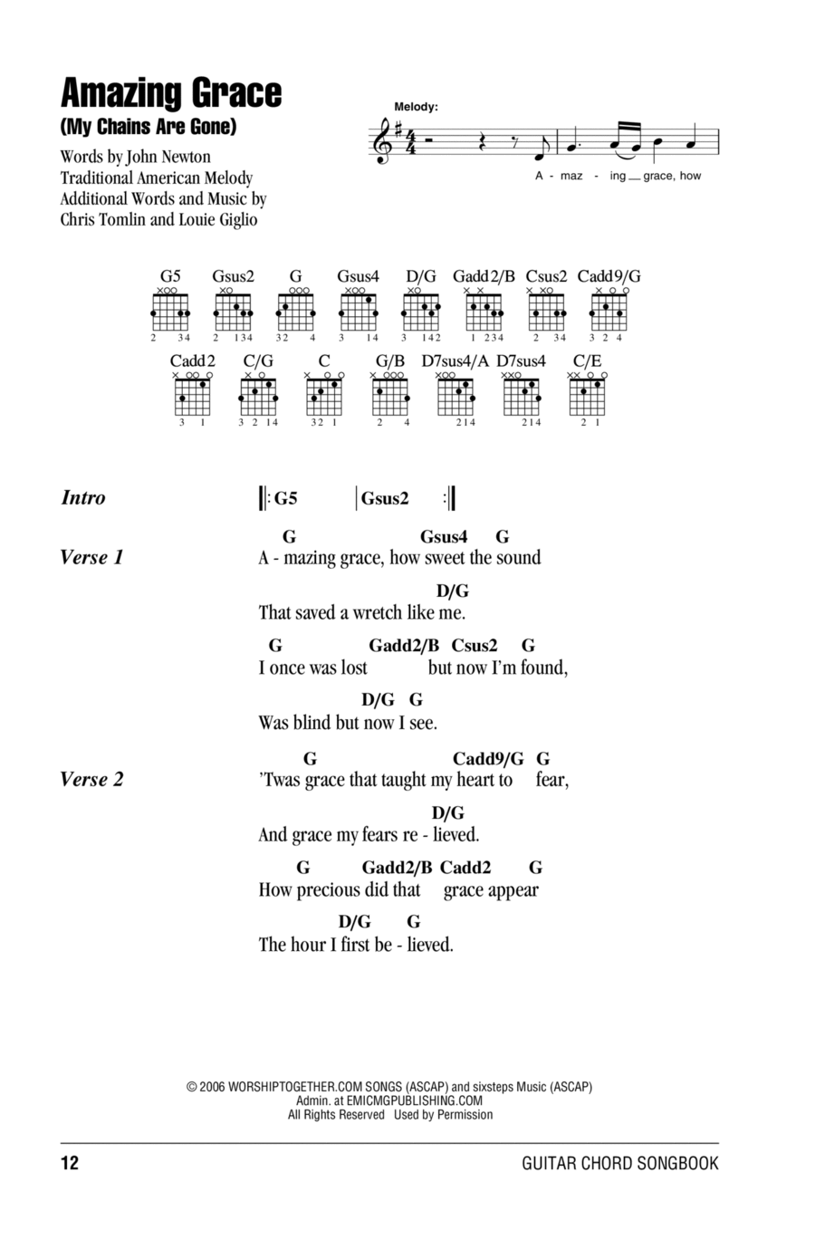 Amazing Grace (My Chains Are Gone) Easy Guitar scores gallery preview page 1