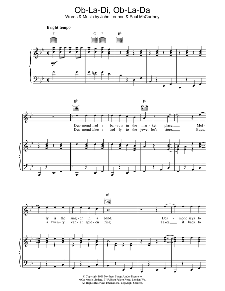 Ob La Di Ob La Da Piano, Vocal, Guitar scores gallery preview page 1