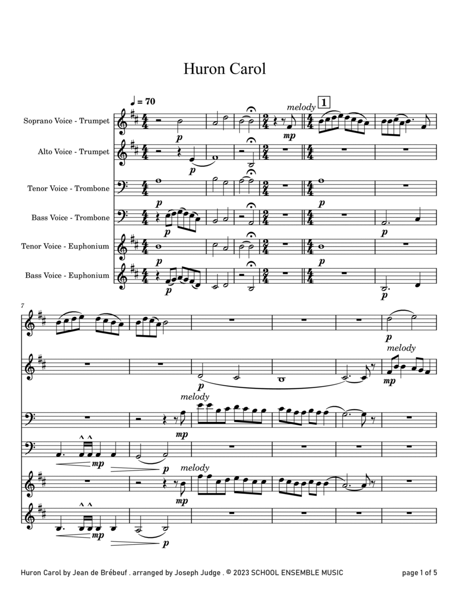 Huron Carol for Brass Quartet in Schools Brass Quartet scores gallery preview page 1