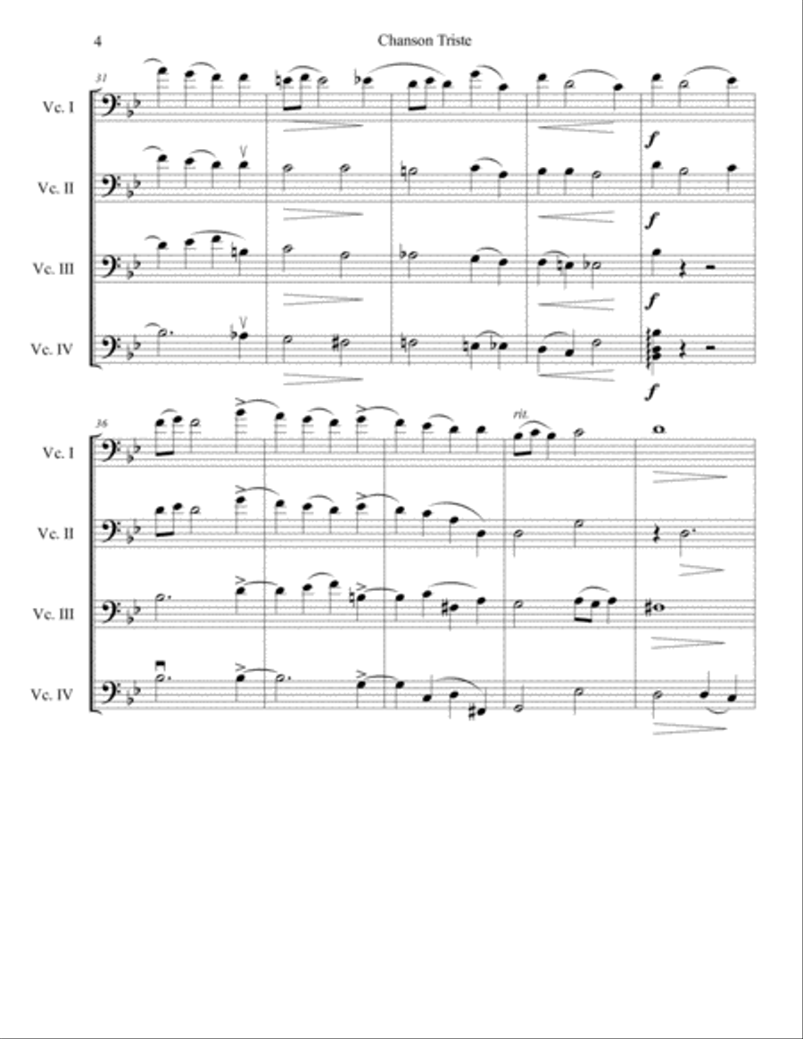 P.I.Tchaikovsky Chanson Triste Op.40 for cello quartet String Quartet scores gallery preview page 5
