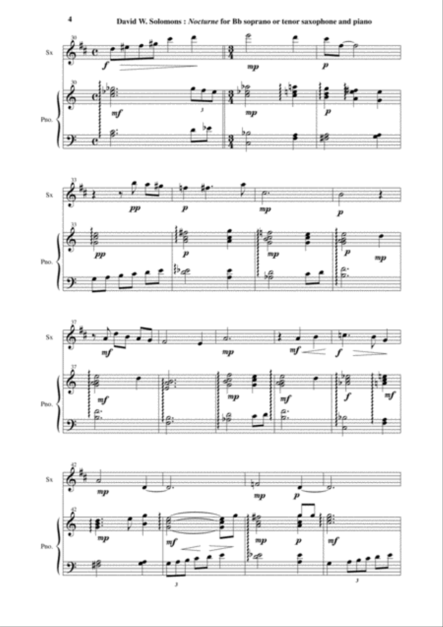 David Warin Solomons: Nocturne for Bb soprano or tenor saxophone and piano Woodwind Duet scores gallery preview page 4