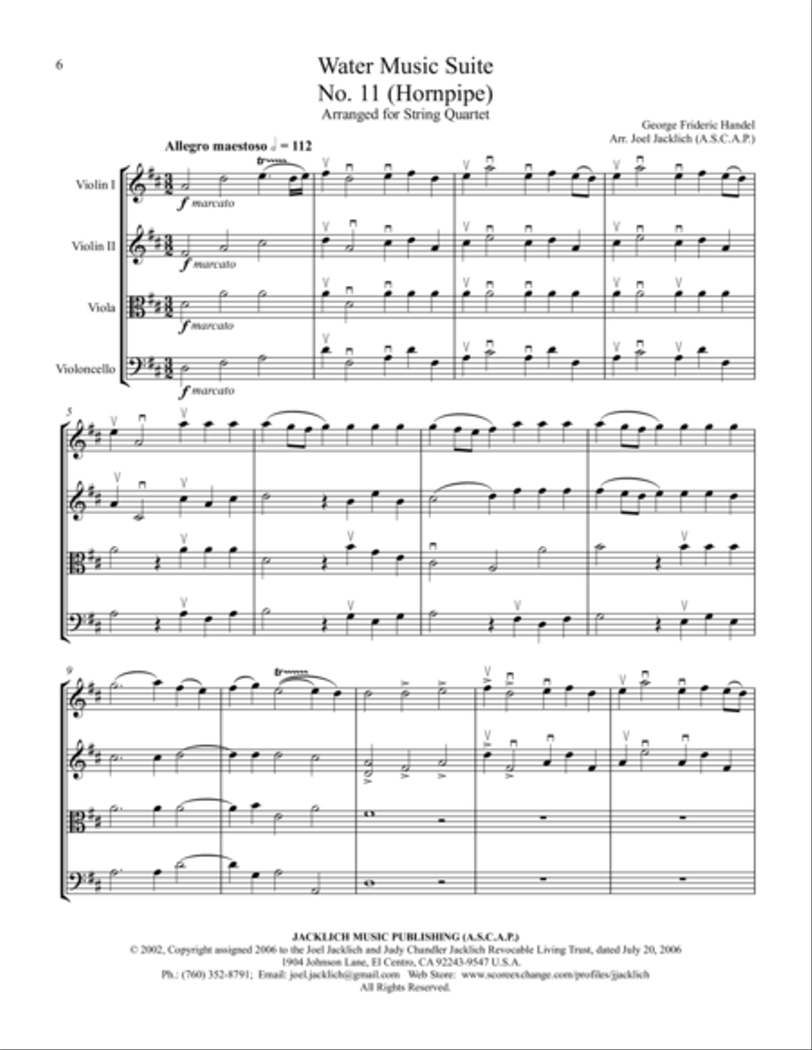 Water Music, Second Suite in D Major (for String Quartet) String Quartet scores gallery preview page 6