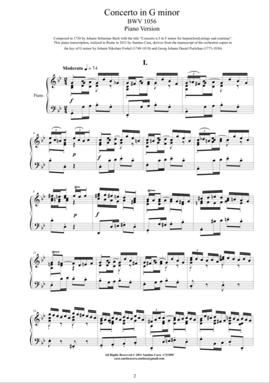 Bach - Piano Concerto in G minor BWV 1056 - Piano Version Piano Solo scores gallery preview page 2