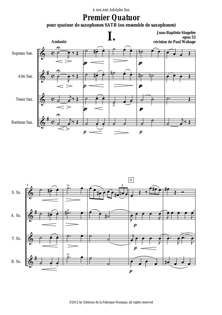 Jean-Baptiste Singelée: Premier Quatuor opus 53 pour quatuor de saxophones SATB ou ensemble de saxo Woodwind Quartet scores gallery preview page 2
