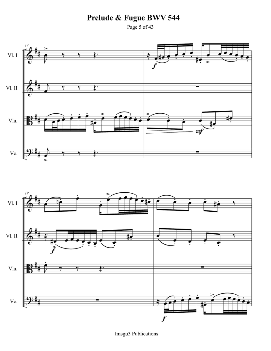 Bach: Prelude & Fugue in B Minor BWV 544 for String Quartet String Quartet scores gallery preview page 5