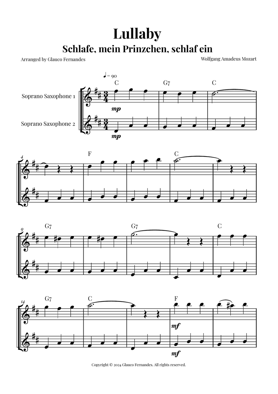 Mozart's Lullaby Woodwind Duet scores gallery preview page 1