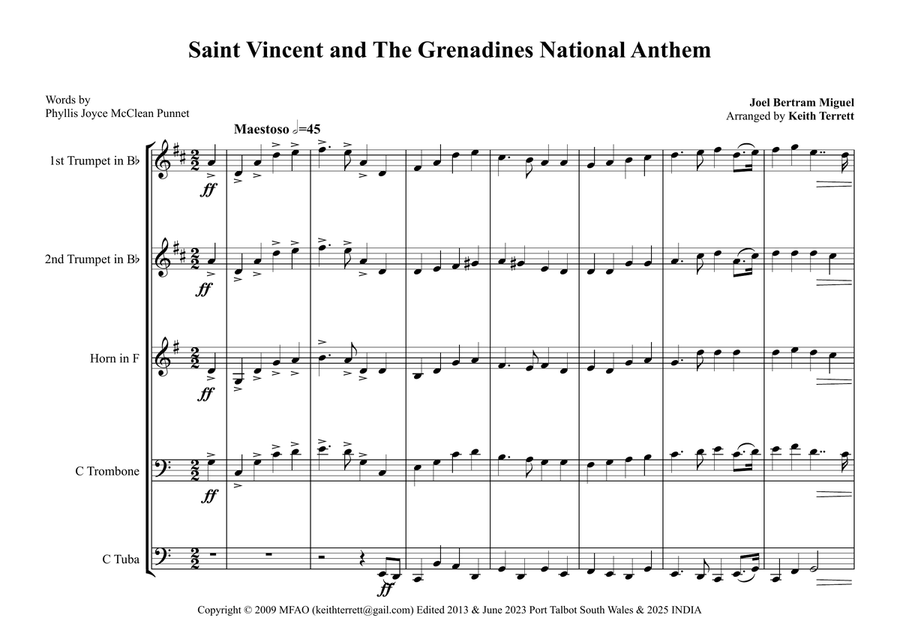 Saint Vincent and The Grenadines National Anthem for Brass Quintet Brass Quintet scores gallery preview page 2