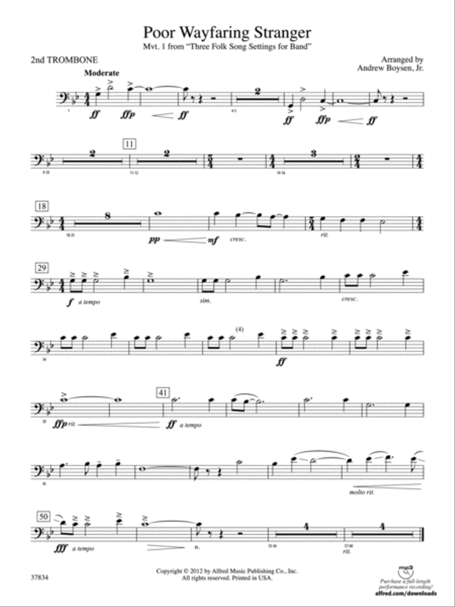 Poor Wayfaring Stranger: 2nd Trombone Concert Band scores gallery preview page 1