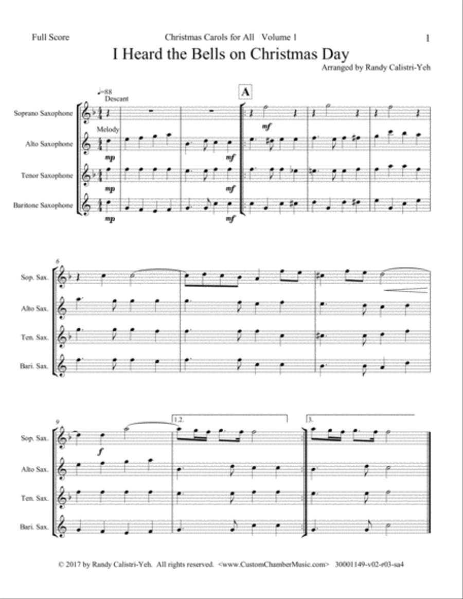 Christmas Carols for All, Volume 1 (for Saxophone Quartet)