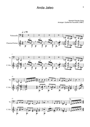 Spanish Popular Song - Anda Jaleo. Arrangement for Violoncello and Classical Guitar. Score and Parts
