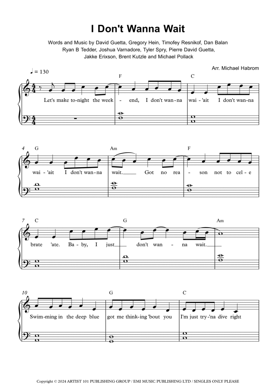 I Don't Wanna Wait Easy Piano scores gallery preview page 1