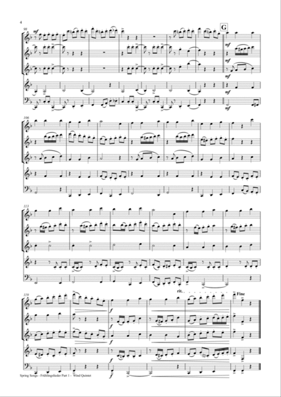 Spring Songs - Frühlingslieder - Part 1 - German Folk Songs - Wind Quintet Spring Songs - Frühlingslieder - Part 1 - German Folk Songs - Wind Quintet Woodwind Quintet scores gallery preview page 4