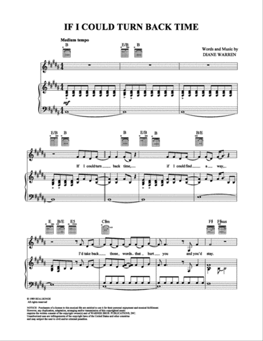 If I Could Turn Back Time Piano, Vocal, Guitar scores gallery preview page 1