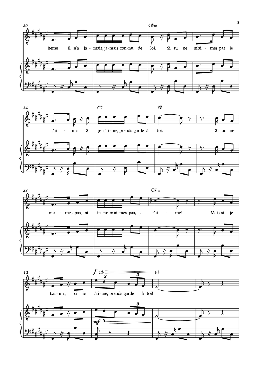 Habanera - Carmen for piano, chords and voice in F# minor. Piano, Vocal scores gallery preview page 3