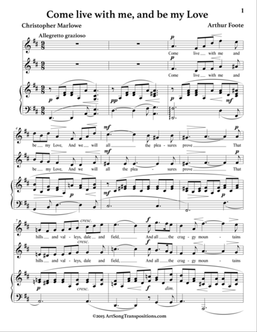 FOOTE: Come live with me, and be my love (transposed to D major)