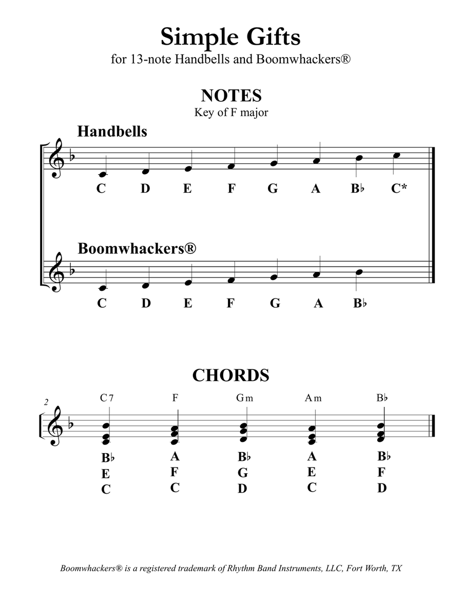 Simple Gifts (for 13-note Bells and Boomwhackers with Black and White Notes) Handbell Choir scores gallery preview page 3