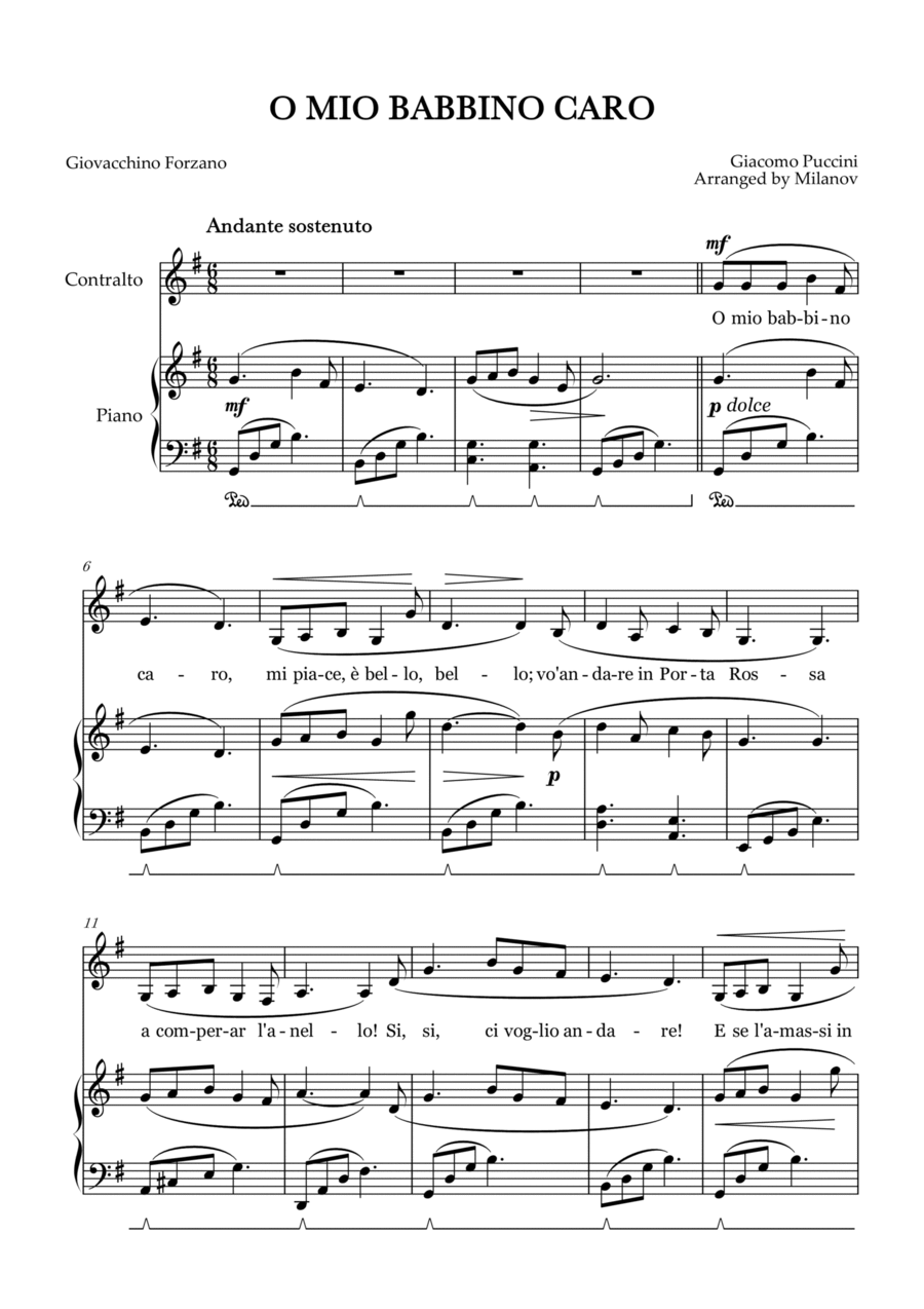 O Mio Babbino Caro | Female Voice Contralto | G Major | Piano accompaniment | Pedal Alto Voice scores gallery preview page 1