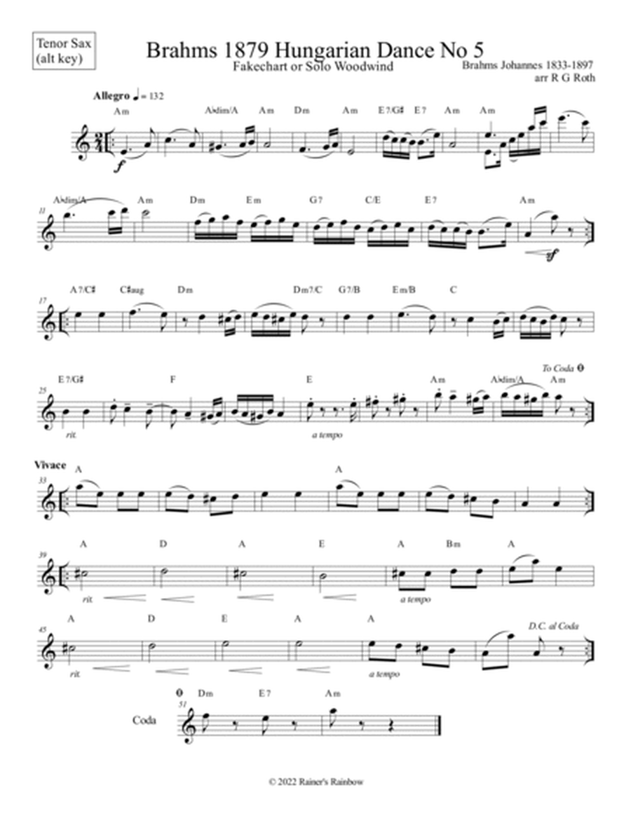 Brahms Hungarian Dance No 5 Saxophone Fakechart