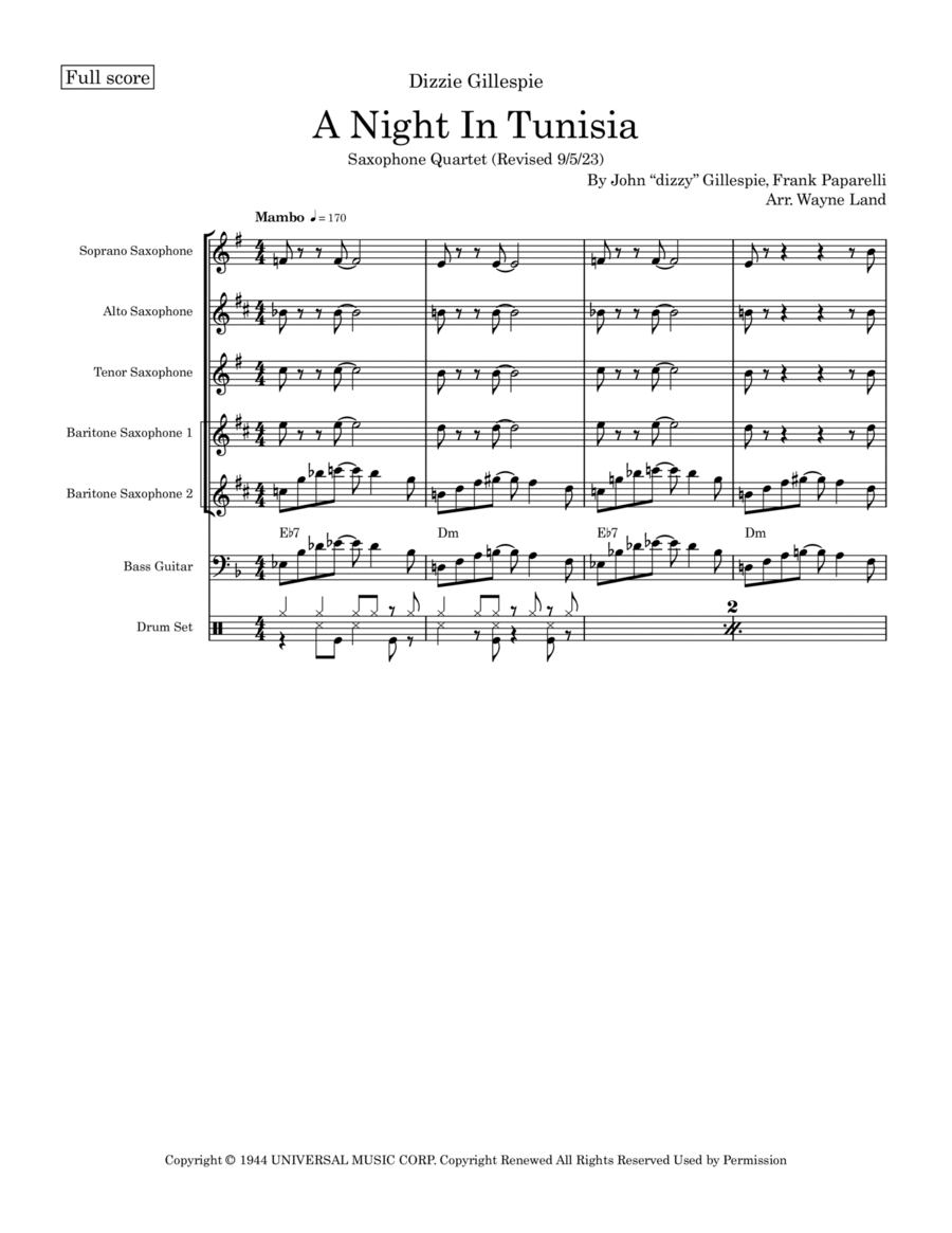 A Night In Tunisia Saxophone Quartet scores gallery preview page 1