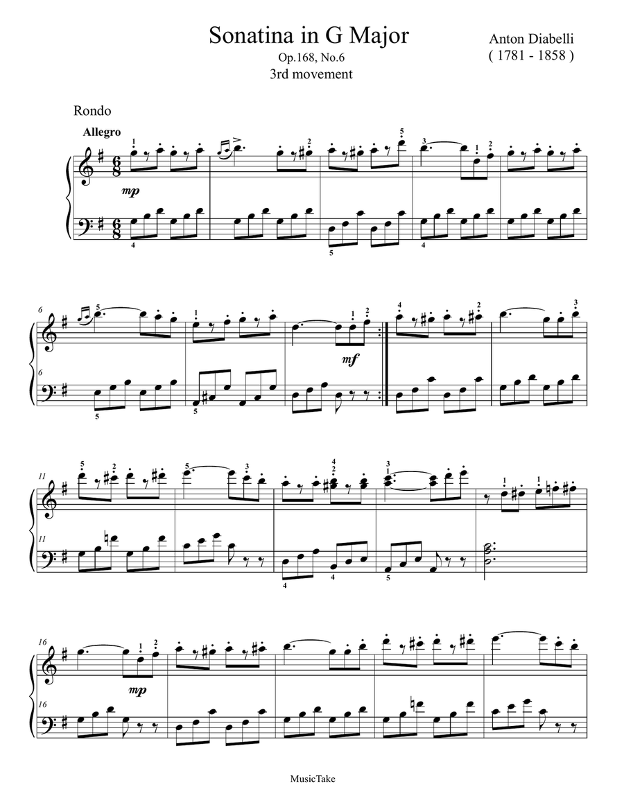 Diabelli Rondo from Sonatina in G Major Op.168 No.6 Easy Piano scores gallery preview page 1