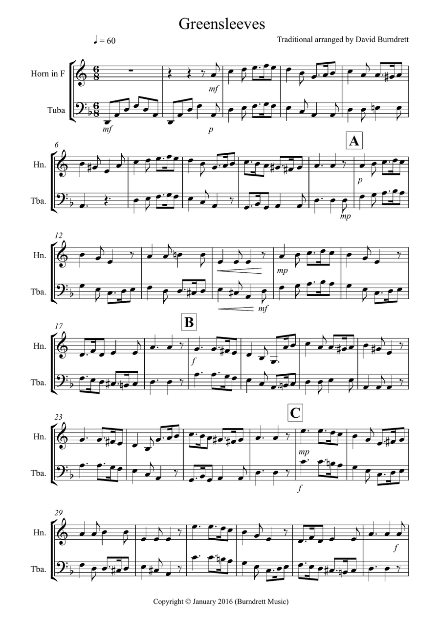 Greensleeves for French Horn and Tuba Duet Greensleeves for French Horn and Tuba Duet Brass Duet scores gallery preview page 1