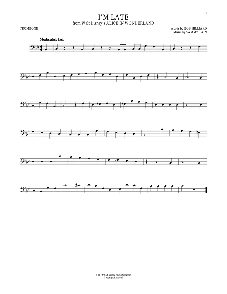 I'm Late (from Alice In Wonderland) Trombone Solo scores gallery preview page 1