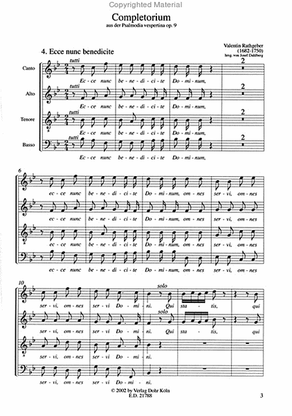 Ecce nunc benedicite für Soli, Chor, 2 Violinen und B.c. (aus dem Completorium der Psalmodia vespertina op. 9)