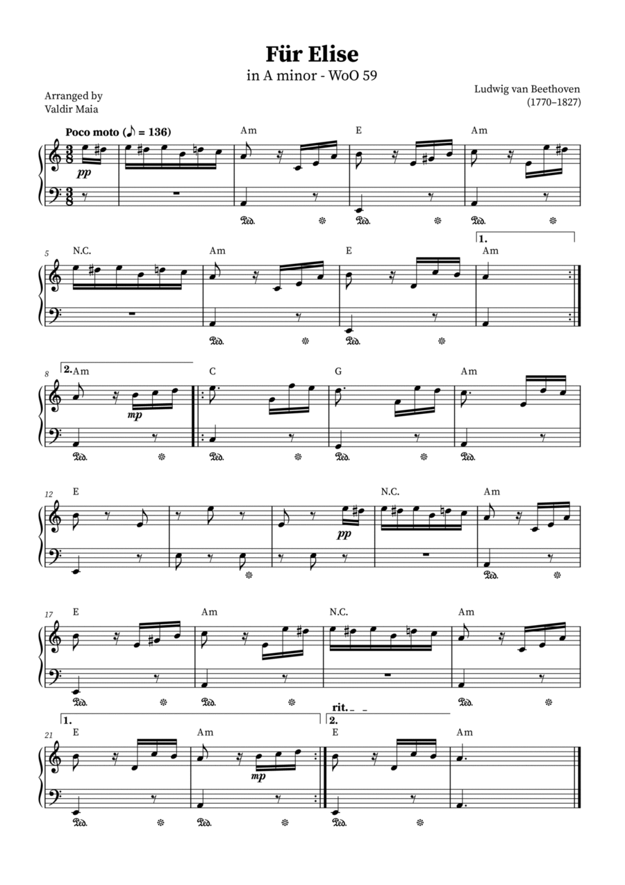 Fur Elise (+CHORDS) Easy Piano scores gallery preview page 1