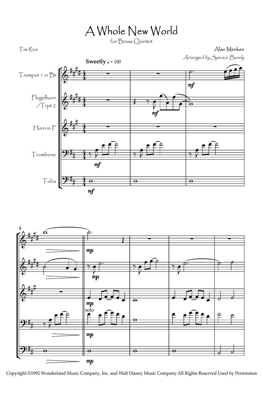 A Whole New World Brass Quintet scores gallery preview page 2