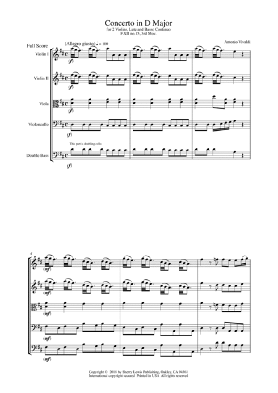 CONCERTO IN D MAJOR FOR 2 VIOLINS, LUTE AND BASSO CONTINUO, F.XII NO.15, 3rd Mov., String Quintet String Quintet scores gallery preview page 4