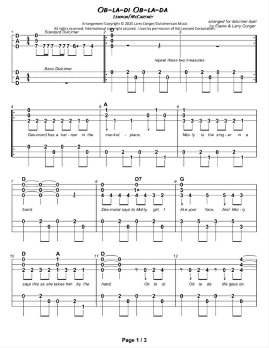 Ob-la-di, Ob-la-da Dulcimer scores gallery preview page 2