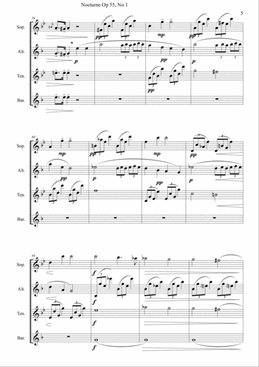 Nocturne - F. Chopin (Op55 N1) for SAX Quartet (SATB) Saxophone Quartet scores gallery preview page 5