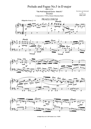 Book cover for Bach - Prelude and Fugue No.5 in D major BWV 874 for Piano