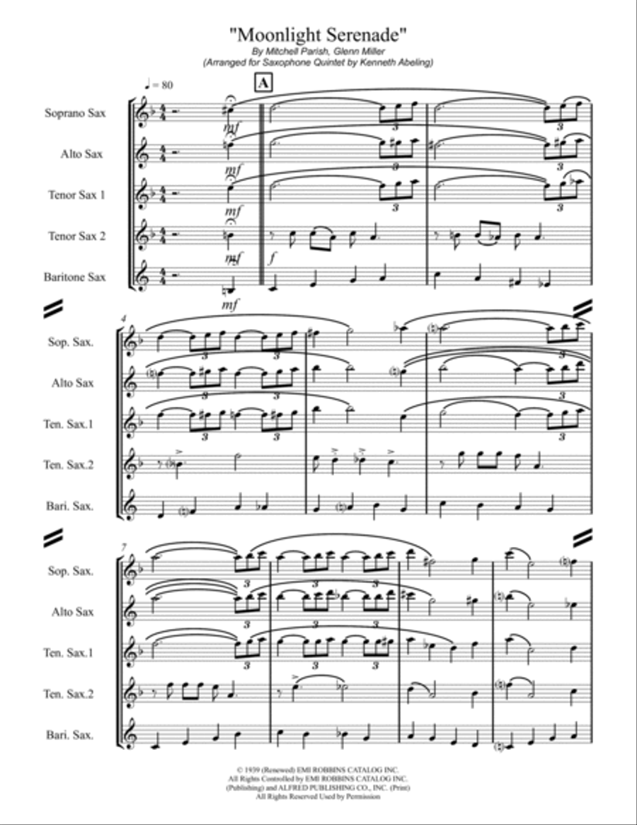 Moonlight Serenade Saxophone Quintet scores gallery preview page 2