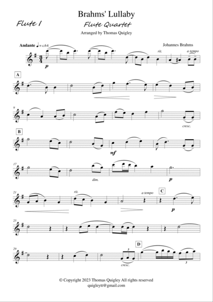 Brahms Lullaby Flute Quartet scores gallery preview page 5